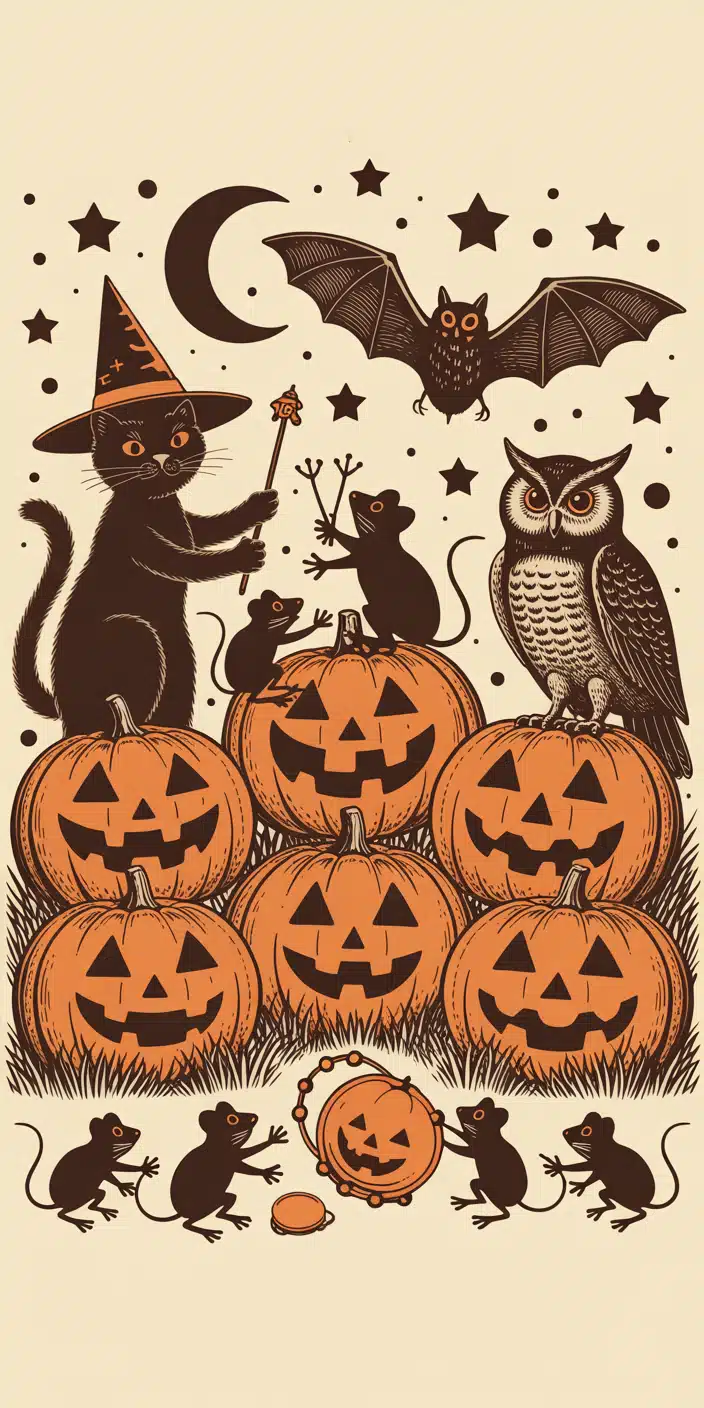 This vintage Halloween design showcases a black cat in a witch hat surrounded by jack-o'-lanterns, dancing mice, an owl, and a bat under a crescent moon. The sepia background and woodcut illustration style bring out strong vintage Halloween art vibes. It’s a charming and detailed composition perfect for fans of cute vintage Halloween wallpaper and vintage Halloween aesthetic wallpaper on iPhone.