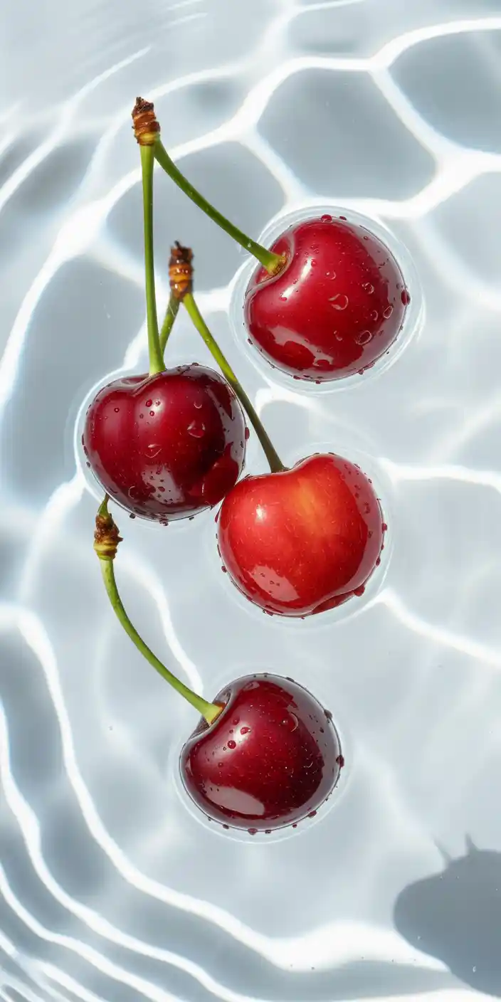 This stunning wallpaper captures fresh red cherries floating gently in clear water with delicate ripples and reflections. The high-resolution image showcases water droplets on each cherry, emphasizing a fresh, juicy look that perfectly fits the cherry background iPhone wallpaper and aesthetic cherry wallpaper themes. Its crisp lighting and soft white water tones give it a clean, refreshing aesthetic ideal for a minimalist lockscreen or home screen.