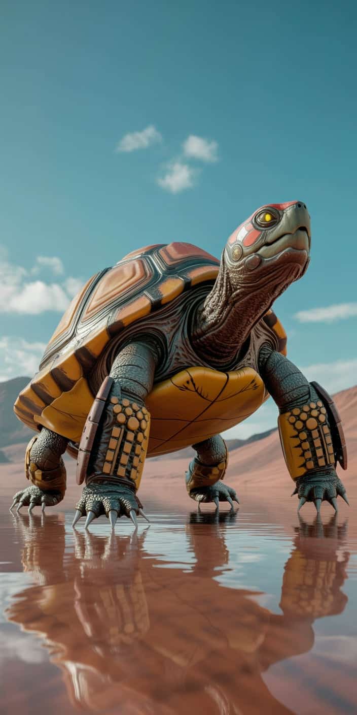 This unique wallpaper features a futuristic robotic turtle walking through a shallow reflective pool in a vast desert landscape. Its mechanical limbs and stylized shell are highlighted against a clear blue sky, creating a bold fusion of nature and technology. Ideal for fans of turtle aesthetic and cute turtle wallpaper laptop, this design adds a sci-fi twist to your smartphone. It's a captivating option for anyone who wants something edgy and artistic on their iPhone.