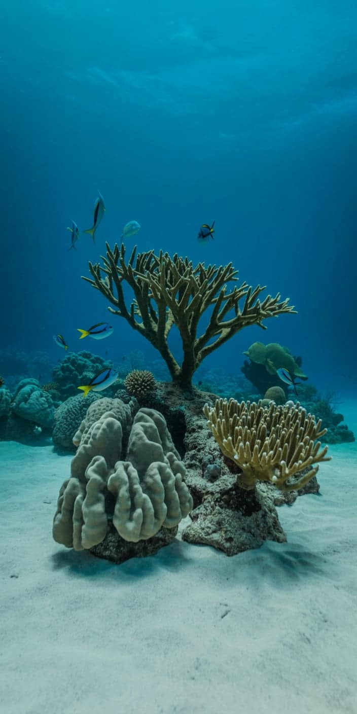 A serene ocean floor scene featuring branching corals and fish swimming above sandy seabed, with a calm blue water backdrop. The natural hues of coral beige and turquoise blue evoke coral color background and coral aesthetic wallpaper vibes. Ideal for an iPhone background, this wallpaper adds a tranquil, summery touch while staying true to marine life themes.