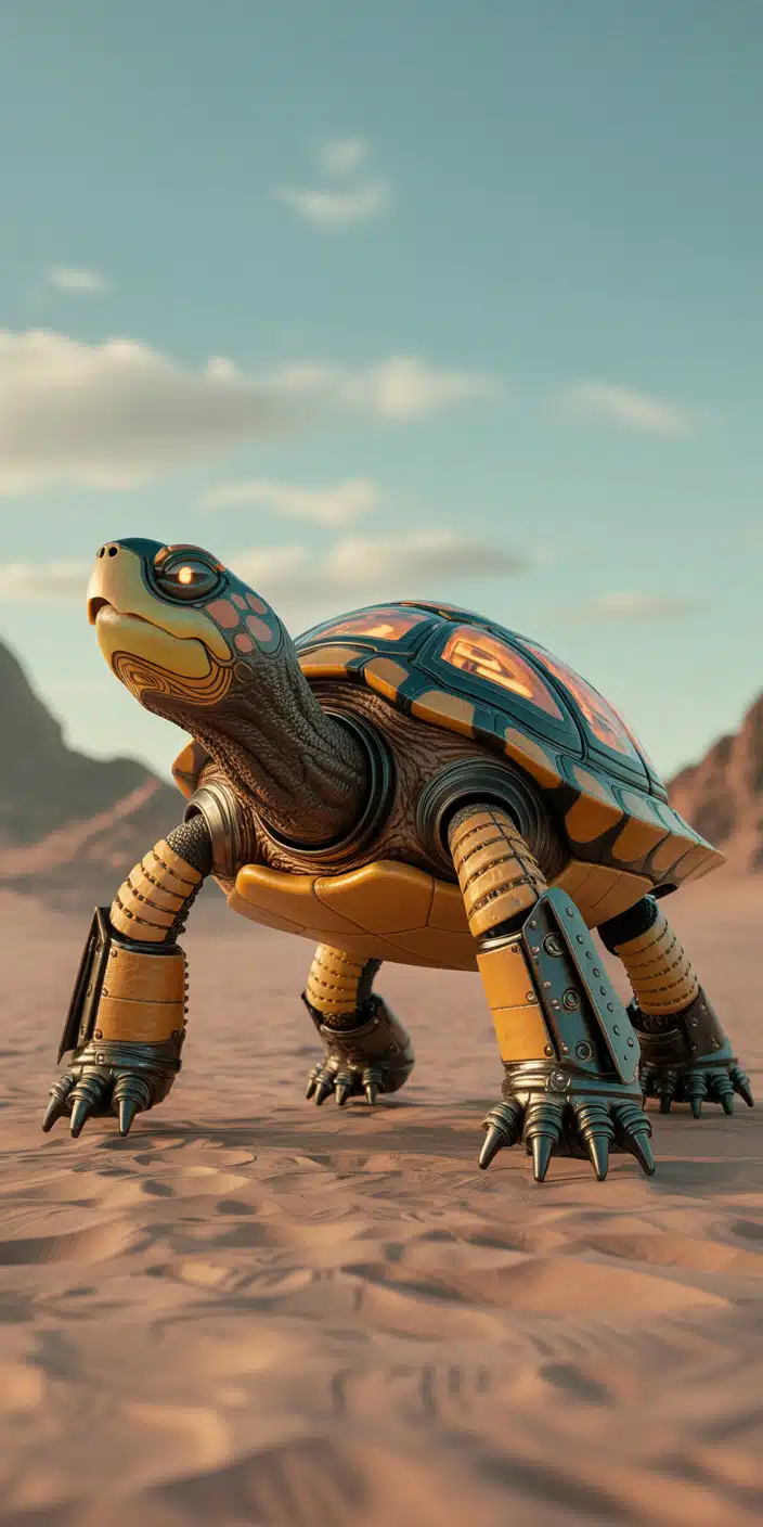 A stylized robotic turtle roams a sunlit desert, its armor-plated shell and glowing orange eyes giving it an otherworldly presence. This scene merges futuristic design with the beauty of sandy landscapes, perfect for those who enjoy turtle wallpaper iPhone with a twist. The muted orange tones and soft sky make it visually striking while still calm and clean. Ideal for those drawn to modern, sci-fi-inspired aesthetics.