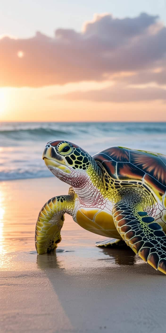 This stunning image captures a sea turtle basking in the golden glow of a beach sunset, with soft waves rolling in and pastel clouds floating above. The rich pattern of the turtle’s shell stands out beautifully against the reflective shoreline. Ideal for anyone searching for beach turtle wallpaper or turtle aesthetic, this peaceful, high-quality photo is perfect for iPhone users who love coastal wildlife and summer serenity. It’s a dreamy design for ocean lovers.