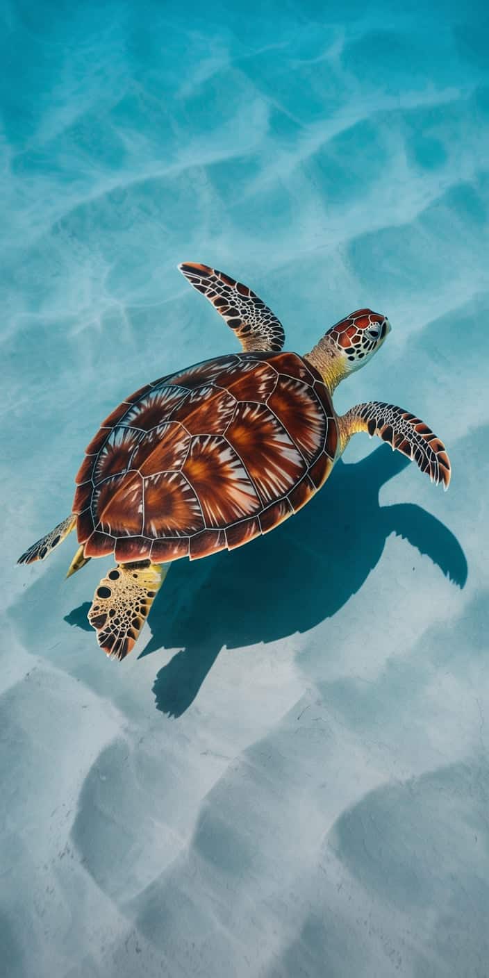 A beautiful sea turtle glides through shallow turquoise waters in this bright, uplifting image taken from a rear angle. The sunlight reveals the complex, vibrant details of its shell and flippers, while the soft blue hues evoke a warm coastal vibe. Ideal for iPhones and other smartphones, this design is perfect for those drawn to turtle phone wallpaper and sea turtle aesthetic. It’s a bold yet calming background that brings summer right to your screen.