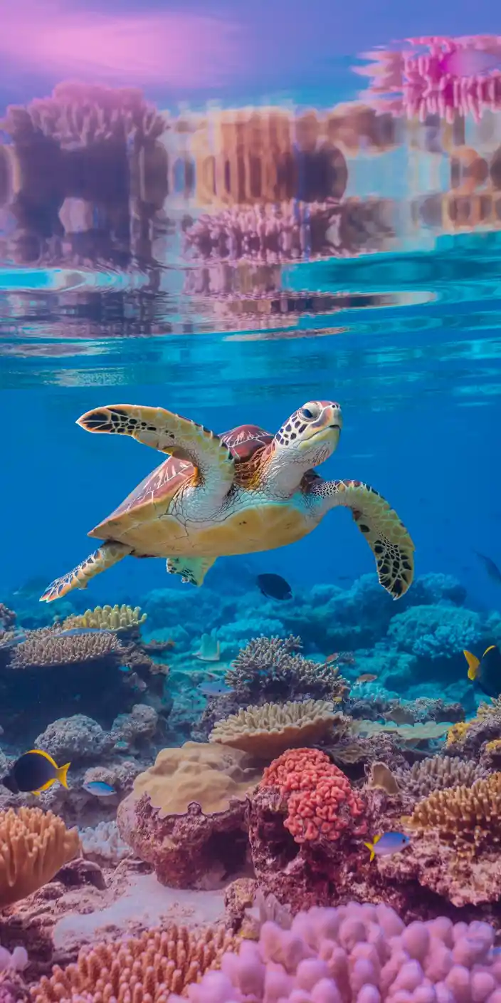 A single sea turtle glides gracefully over a colorful coral reef, surrounded by vivid fish and soft reflections of pink light on the water’s surface. The combination of warm tones and tropical detail makes this design perfect for users looking for sea turtle wallpaper and summer prints wallpaper. This high-resolution underwater scene brings energy, joy, and vibrant marine beauty to your iPhone screen.