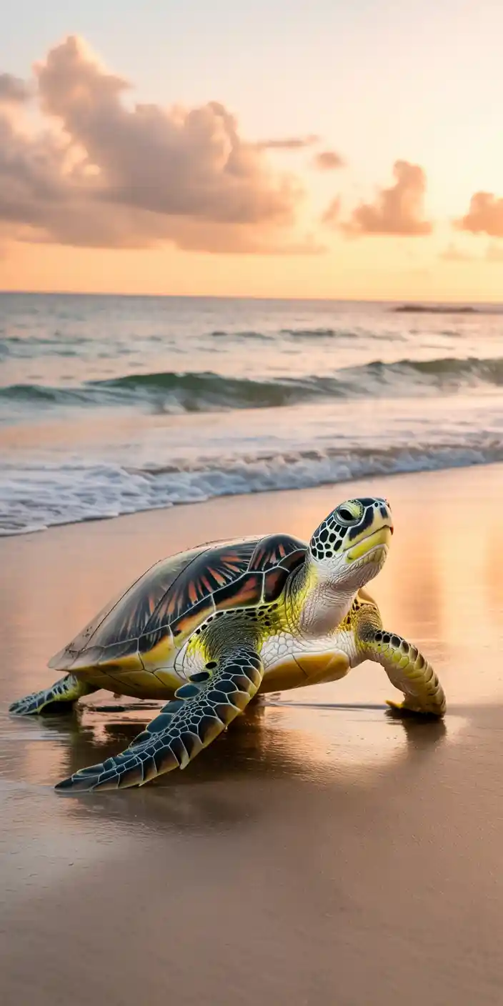 A graceful sea turtle crawls across a wet shoreline at sunset, leaving gentle tracks in the sand. The sky glows in peach and lavender hues, while soft waves frame the moment perfectly. This image is ideal for those drawn to turtle beach aesthetic and sea turtle wallpaper, blending nature, beauty, and summer nostalgia. A calming background for iPhone users who want peaceful coastal inspiration.