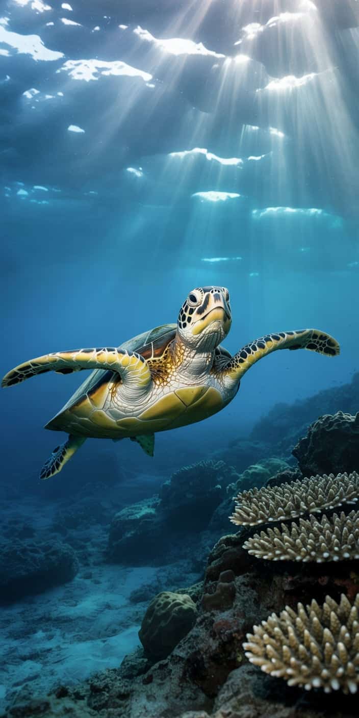 A majestic sea turtle swims gracefully through a sunlit ocean, surrounded by coral and illuminated by beams of light. This captivating underwater scene is rich in blues and natural textures, ideal for those seeking sea turtle aesthetic and turtle wallpaper iPhone. The depth and clarity make it a standout choice for iPhone users wanting a peaceful, summer-ready background with aquatic charm.