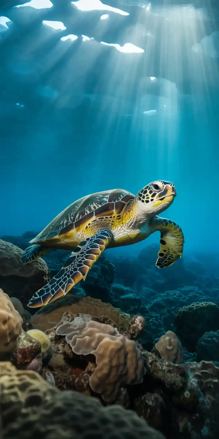 This breathtaking underwater wallpaper showcases a sea turtle gliding over colorful coral as rays of sunlight beam through the ocean surface. The turtle’s intricate shell contrasts beautifully with the deep blues and soft textures of marine life. Ideal for fans of sea turtle wallpaper iPhone hd and turtle phone wallpaper, this vibrant design immerses you in the peaceful energy of ocean life. A perfect escape for your iPhone screen.