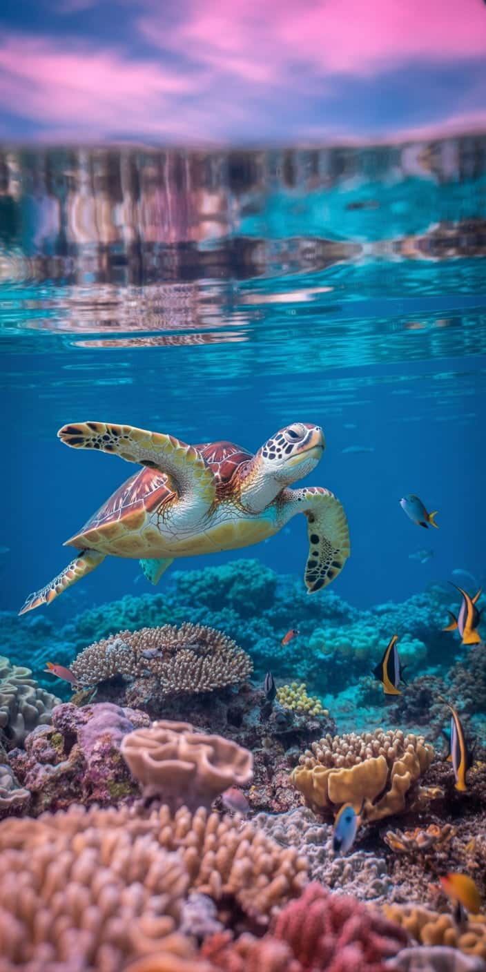 This vivid wallpaper features a sea turtle swimming among vibrant corals with the ocean’s surface glowing in soft pinks and purples. Surrounded by tropical fish and reef textures, the turtle appears serene in its colorful underwater world. Perfect for fans of turtle aesthetic and sea turtle aesthetic, this stunning scene is ideal for iPhone users who want to brighten their screen with ocean-inspired beauty.
