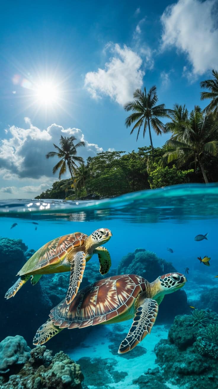 Two majestic sea turtles swim through crystal-clear tropical waters as the sun shines brightly over an island of palm trees. The mix of vibrant coral, clear blue ocean, and lush greenery makes this design perfect for summer. Ideal for users searching for turtle beach aesthetic and sea turtle wallpaper iPhone hd, this wallpaper brings both adventure and calm to your screen.