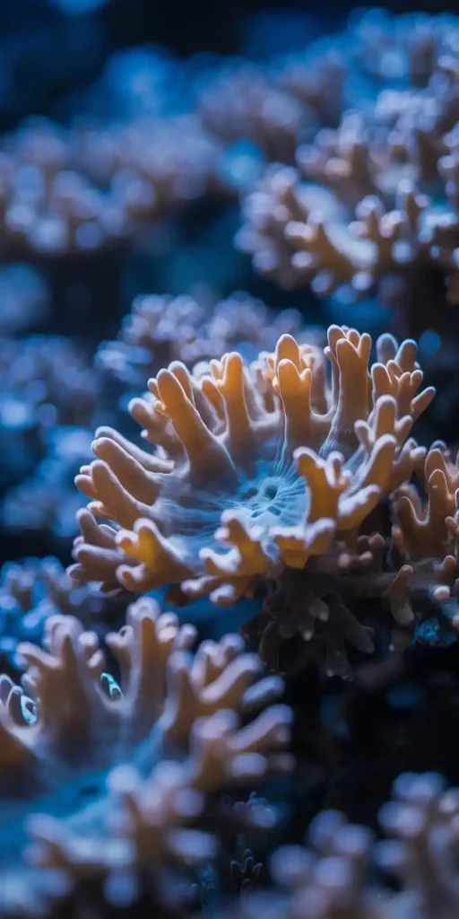 This macro coral wallpaper captures the delicate texture of tan coral polyps surrounded by ocean blue hues and a soft blur in the background. The calming palette and natural texture make this an excellent choice for coral phone wallpaper and peach wallpaper iPhone lovers. It offers a serene and detailed design that brings marine elegance to your smartphone.