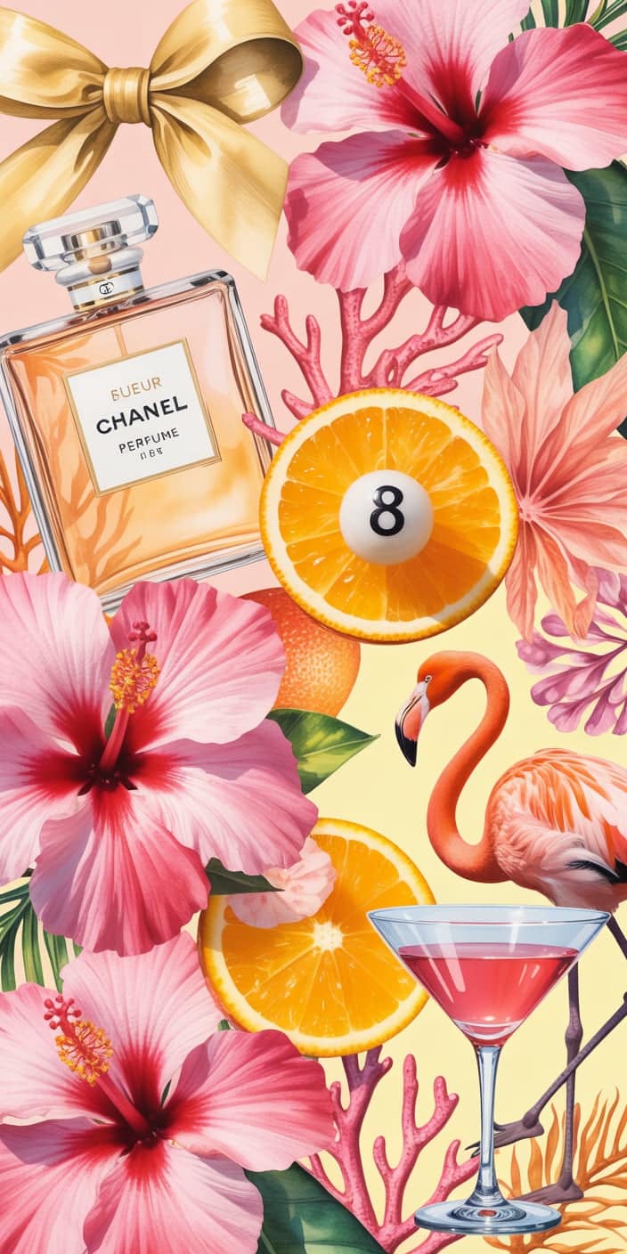 This vibrant collage features hibiscus flowers, sliced oranges, coral branches, a flamingo, and a pink cocktail—all styled in soft coral and peach tones. The combination of fashion elements and summer visuals makes this a standout coral wallpaper aesthetic and summer prints wallpaper for iPhone users. It’s a bold, fun, and trendy background for anyone who loves tropical and fashion-forward designs.