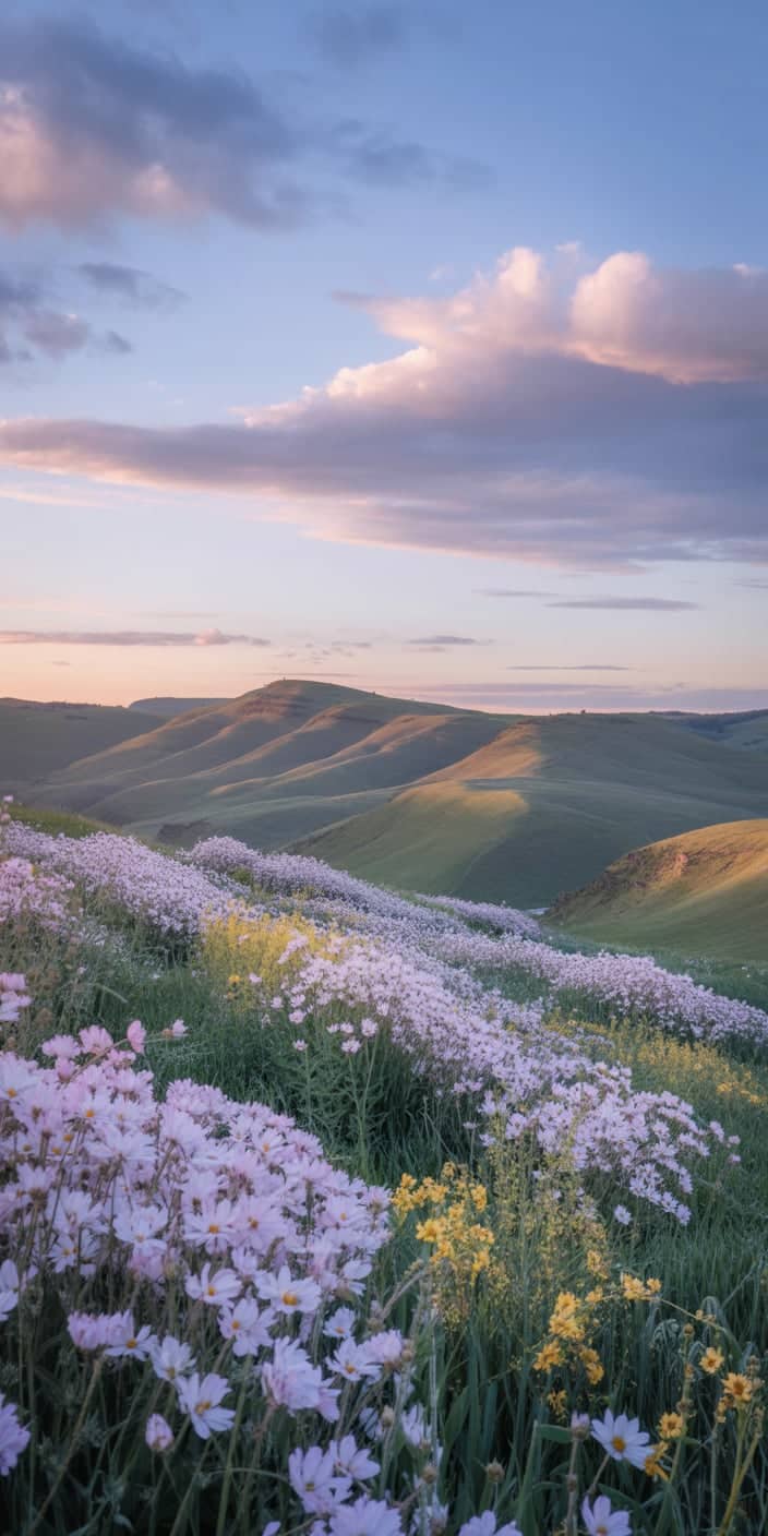 Golden hour washes over gentle hills covered in soft pink and yellow wildflowers, with a pastel sky that radiates warmth and calm. This pastel wallpaper blue scene is the perfect blend of softness and serenity, ideal for a spring wildflowers wallpaper that brings the golden light of evening to your screen. A dreamy and romantic design for iPhone users who love nature’s quiet side.