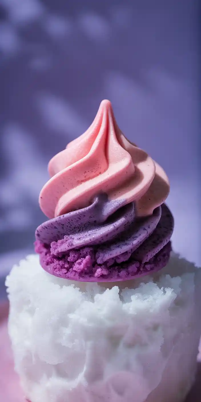 A dreamy swirl of soft-serve ice cream in pastel pink and purple rests atop a snowy white base, with a softly blurred lavender background. This whimsical dessert scene gives off cozy, girly vibes perfect for fans of Cute Pink Wallpaper Girly and Pink Aesthetic Wallpaper Backgrounds. The colors are gentle and deliciously styled, making it ideal for anyone looking to add a fun, sweet aesthetic to their iPhone screen. This wallpaper is a delightful blend of food art and pastel charm.