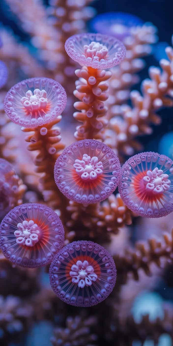 A captivating macro wallpaper featuring translucent coral polyps with glowing circular tops in soft pinks and purples. The close-up view, balanced by muted blues in the background, makes this a standout coral wallpaper aesthetic choice. It’s perfect for iPhones, offering serene textures and artistic touches that feel both modern and marine-inspired.