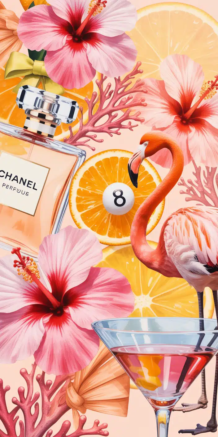 A glamorous summer wallpaper fuses Chanel perfume, coral reefs, flamingos, hibiscus flowers, and citrus slices into one chic composition. The bold visual mix in coral, pink, and orange tones makes this a fashionable coral aesthetic wallpaper with major summer energy. It’s ideal for iPhone users who want a mix of floral, fashion, and fun.