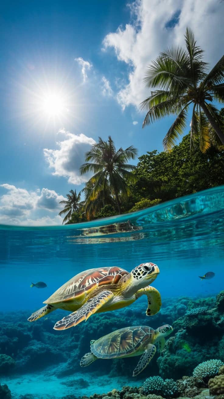 This vibrant wallpaper captures two sea turtles gliding through clear blue ocean water under bright tropical sunlight, with lush palm trees swaying above. The split-view angle showcases both above and below the waterline, combining the beauty of marine life with a tropical island paradise. Perfect for iPhone users who love beach turtle aesthetic and turtle phone wallpaper, this scene is a celebration of summer, sea, and serenity.