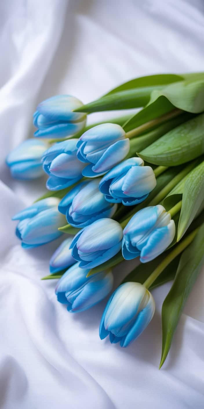 A tightly gathered bouquet of blue tulips with white-tipped petals, laid gently across crisp white fabric. The soft lighting and smooth textures make this a perfect pastel wallpaper blue or spring wildflowers wallpaper with a modern, minimal twist. A refreshing pick for iPhone users who love calm floral compositions.