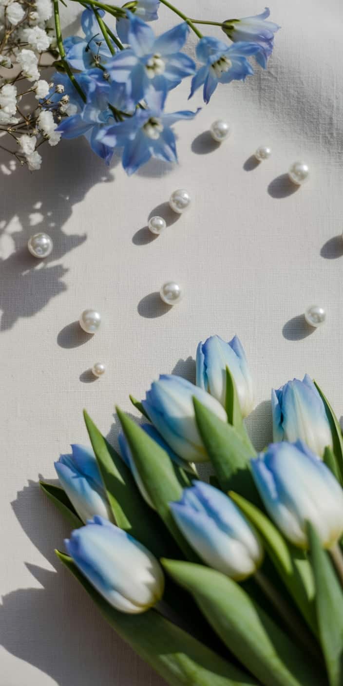 This elegant floral flatlay combines blue tulips, delicate delphiniums, and scattered pearls over a creamy fabric surface. The balance of pastel blues and clean white gives it a refined and coquette charm—perfect for a light blue widget aesthetic or cute floral iPhone wallpaper background. A sophisticated and airy spring design for iPhone lovers.