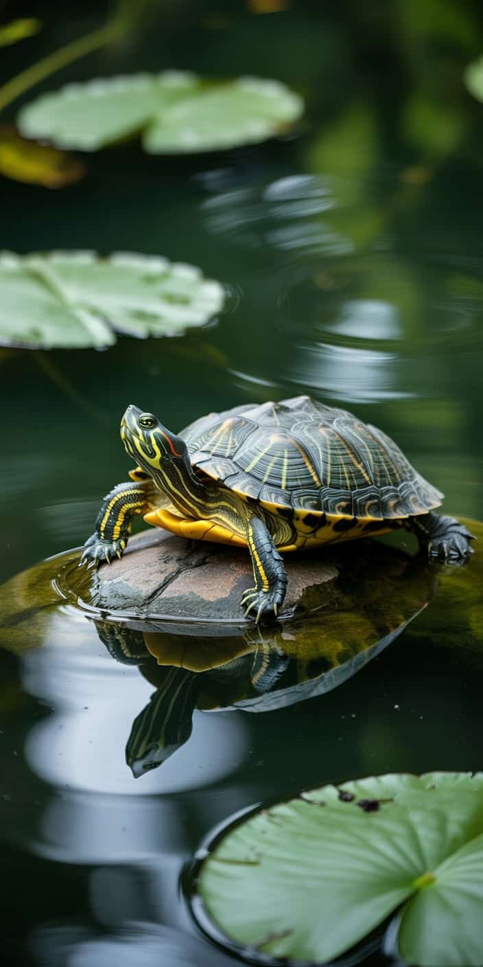 This peaceful turtle wallpaper features a detailed turtle resting on a log surrounded by soft ripples and floating lily pads in a still green pond. The scene’s natural lighting, gentle textures, and water reflections create a calming effect, ideal for nature lovers. A great fit for those seeking turtle aesthetic wallpaper and turtle phone wallpaper, this serene design enhances your smartphone with earthy vibes and quiet charm. Perfect for anyone who wants to bring a moment of stillness to their screen.