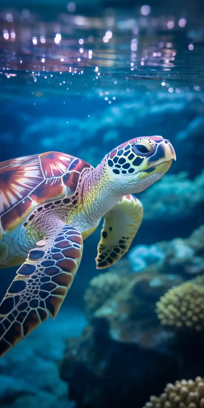A vibrant sea turtle glides through tropical waters above a coral reef, its patterned shell and flippers glowing with life. The background features textured coral and deep blue gradients, creating a high-resolution scene that’s perfect for ocean lovers. Ideal for those seeking turtle phone wallpaper or sea turtle wallpaper iphone hd, this underwater capture is full of color and serenity.