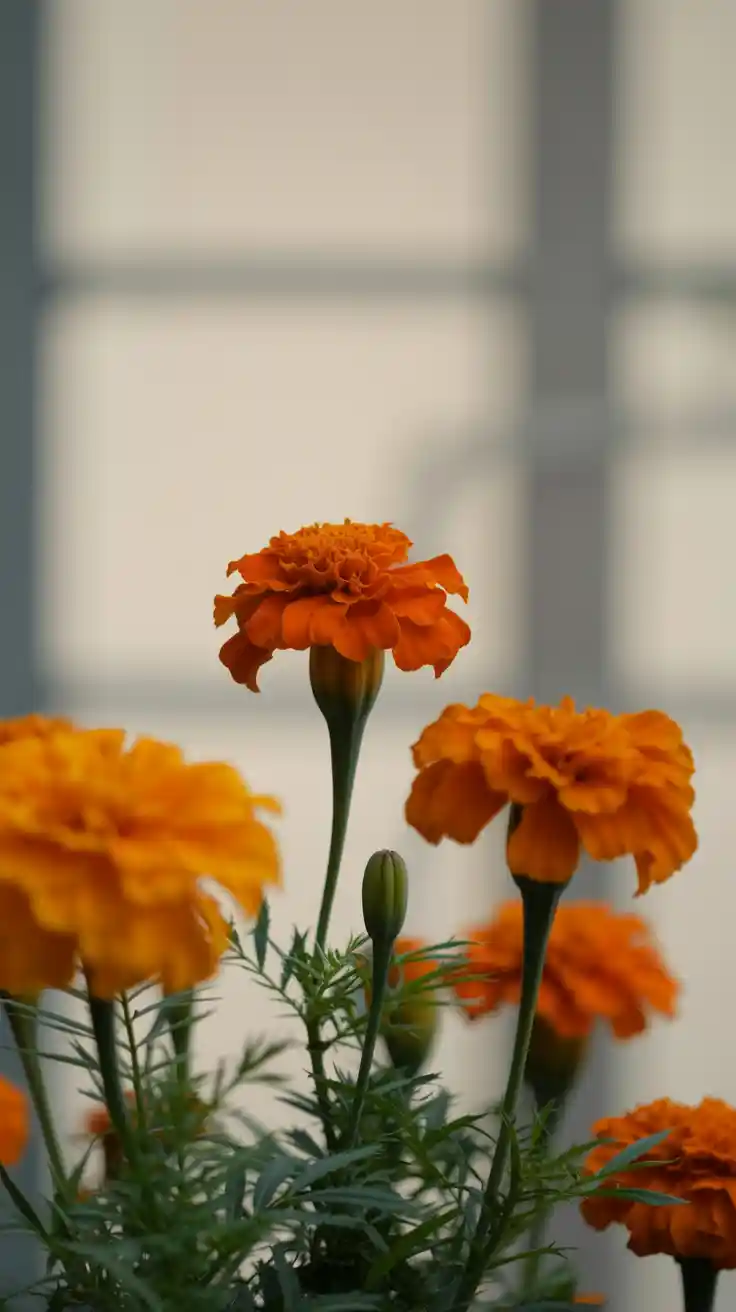 This soft, natural wallpaper captures blooming orange marigolds in a minimalist indoor setting with soft lighting. The image highlights the petals' delicate texture against a blurred windowpane, giving it a serene and grounded look. It's an excellent choice for those seeking light orange aesthetic wallpaper or a nature-inspired cute orange background for their iPhone or Samsung device. The calming composition and soft shadows give it a peaceful yet vibrant aesthetic.