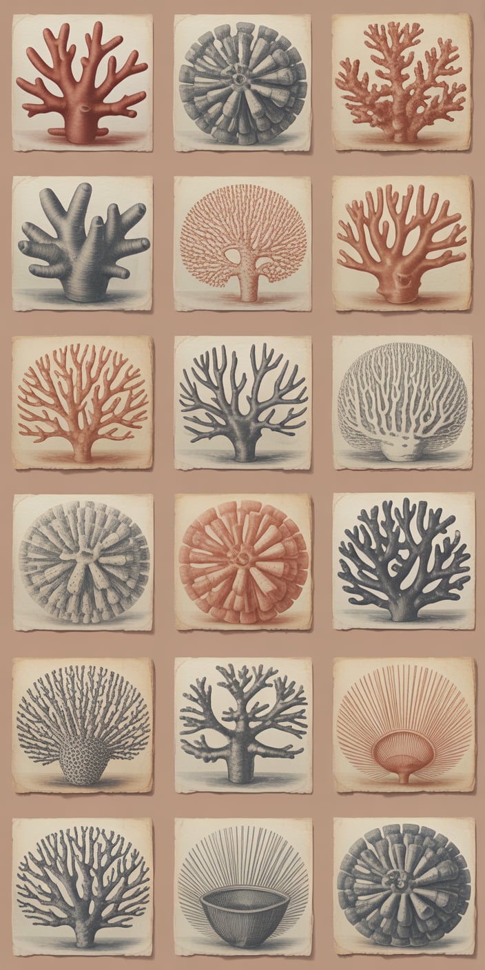 This vintage coral illustration wallpaper features a beautifully arranged grid of scientifically styled coral sketches in shades of coral pink, deep navy, and beige. Each square showcases a unique coral species, blending botanical art with antique paper textures for a nostalgic yet refined look. Perfect for fans of coral wallpaper aesthetic and coral color background, this design gives off a timeless, academic feel that works wonderfully as an iPhone or Samsung background. It adds a blend of elegance and nature to your smartphone screen.