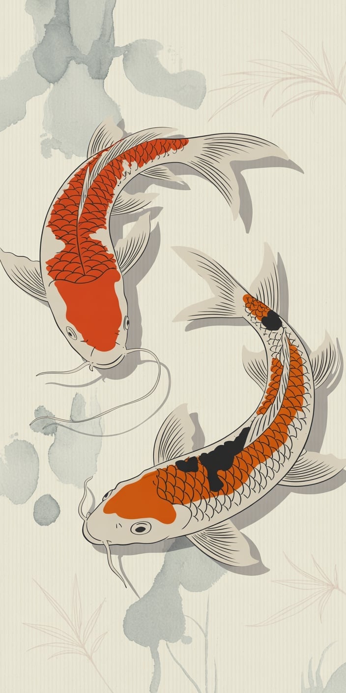 This elegant wallpaper features two koi fish with rich orange and black detailing, drawn in a traditional Japanese art style over a pale textured background. The soothing design is perfect for those who enjoy the balance of orange aesthetic with artistic flair. It’s an ideal smartphone wallpaper for fans of nature, minimalism, and stylized illustration.