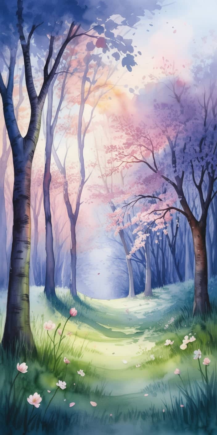 A soft watercolor forest scene with pastel pink blossoms and dreamy blue tones creates a fairytale-like setting. The painterly texture adds artistic charm, while the light filtering through the trees brings warmth and peace. Ideal as a pastel blue phone wallpaper or a poetic spring flower wallpaper iPhone for users seeking gentle beauty and calm vibes.