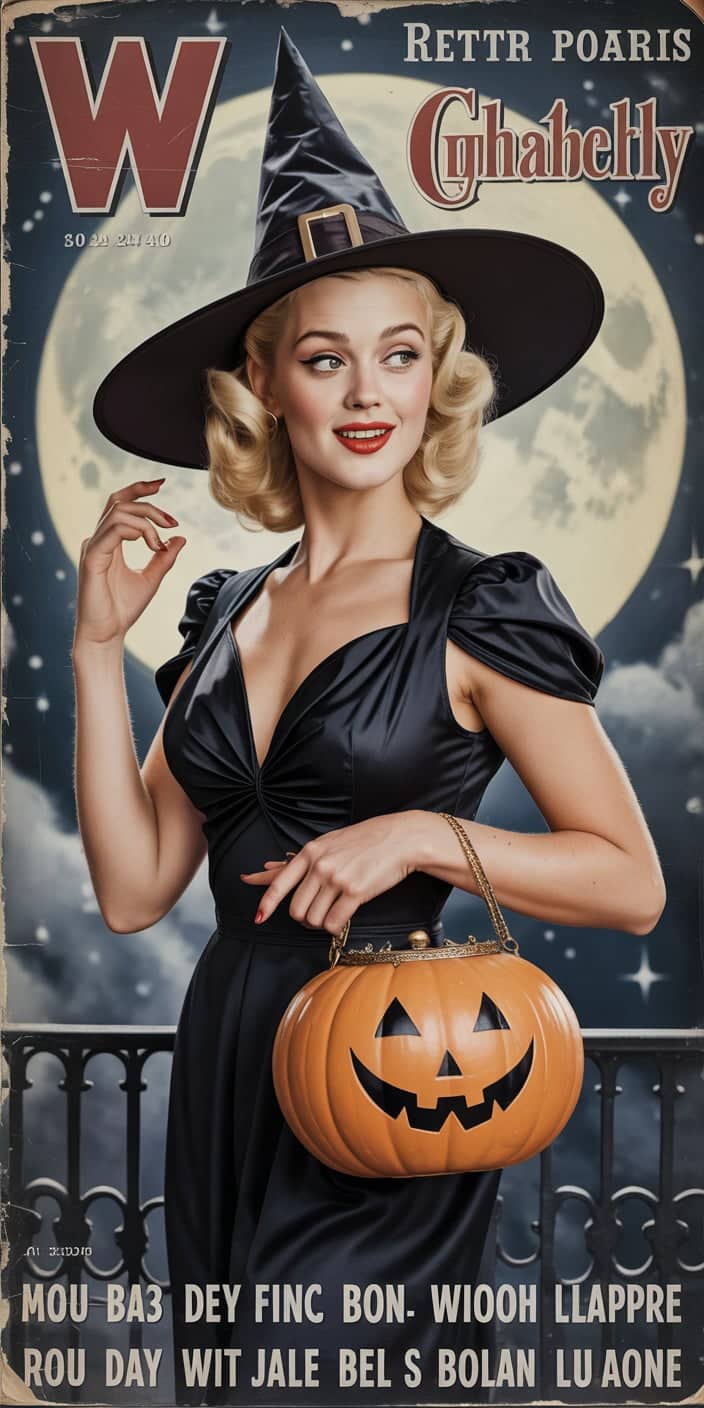A glamorous blonde witch in a vintage-style black dress and pointy hat poses under the glow of a full moon, holding a jack-o'-lantern purse with a golden chain. Styled like a retro magazine cover, this artwork captures the essence of vintage Halloween art with a playful yet stylish twist. The deep blues and glowing whites contrast beautifully with the pumpkin orange, creating a perfect Halloween wallpaper cute for your iPhone or Samsung device. It’s an enchanting and elegant nod to Halloween nostalgia.