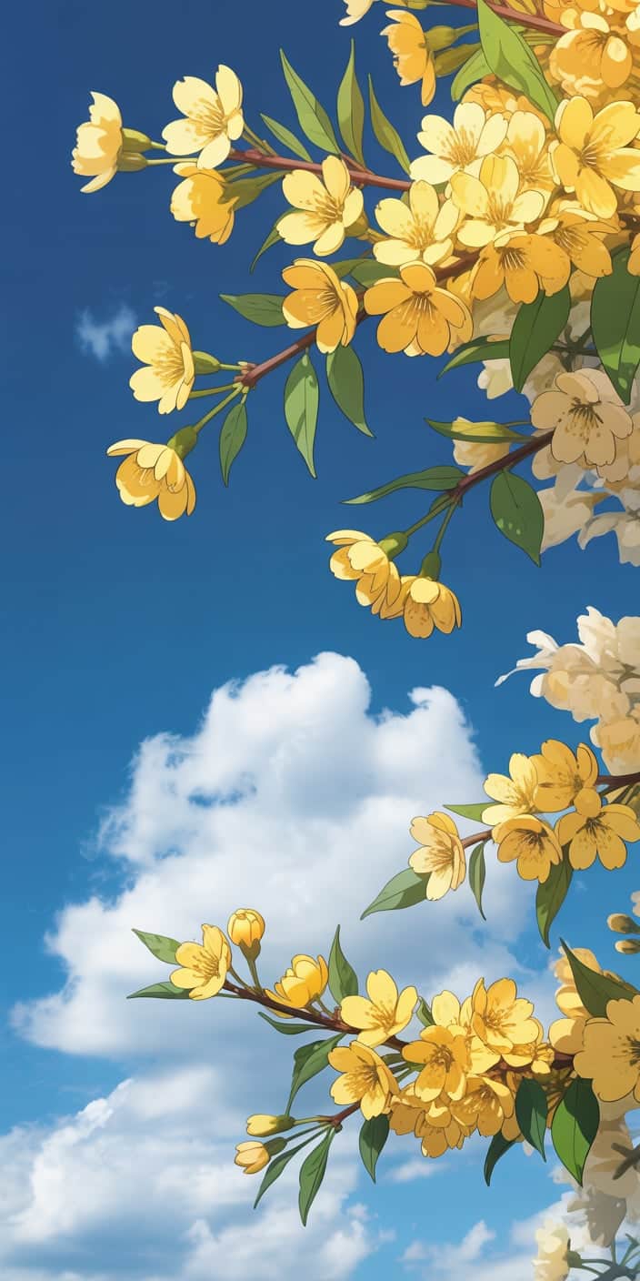 This cheerful spring wallpaper features bright yellow blossoms illustrated against a vivid blue sky with puffy white clouds. The contrast of golden petals and rich greens creates a joyful, uplifting mood—ideal for those who enjoy nature-inspired spring lock screen wallpaper or want a pop of color alongside their coastal iPhone wallpaper aesthetic. A perfect mix of hand-drawn charm and vibrant seasonal energy.