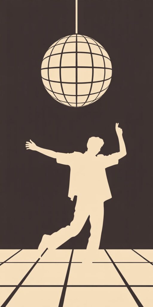 This minimalist illustration features a dancing silhouette under a hanging disco ball, rendered in retro-inspired tan and brown tones. Ideal for fans of Disco Wallpaper Iphone and Mirror Ball Aesthetic, it blends simplicity and nostalgia for a clean and stylish look. A great choice for those who prefer understated flair on their phone background.
