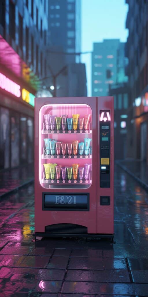 A sleek, modern vending machine glows with vibrant neon pink, filled with colorful candy-inspired products in the heart of a city street. Reflected lights and moody tones give this wallpaper a stylish, urban look that perfectly matches a bold candy theme aesthetic. This high-contrast and artistic composition works great as a statement candy wallpaper for smartphones, especially if you love a cyber feel.
