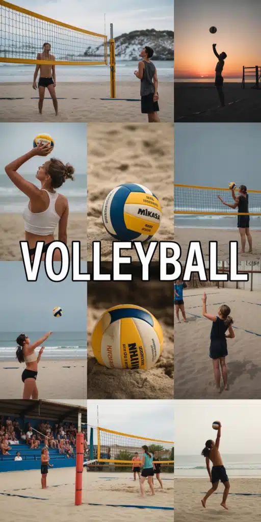 This beach volleyball aesthetic wallpaper features a collage of action shots, close-ups, and scenic views. From players serving at sunset to volleyballs resting in the sand, it’s perfect for iPhone and Samsung backgrounds. Ideal for fans of volleyball photos who love a variety of beach scenes in one design.